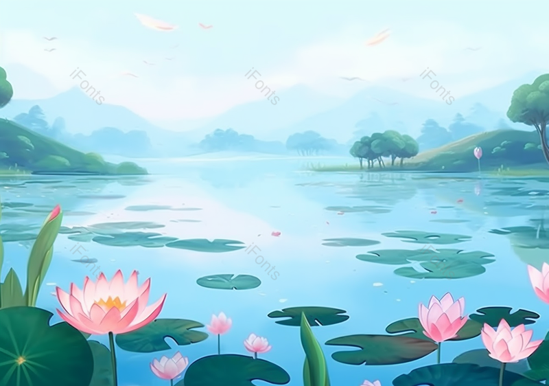 中国风意境插画夏季山水荷花图背景,插画/手绘图,插画/手绘图库,插画/手绘图下载,插画/手绘